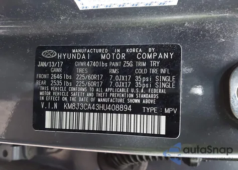 2017 Hyundai Tucson Se Plus from USA, damaged, VIN KM8J3CA43HU408894